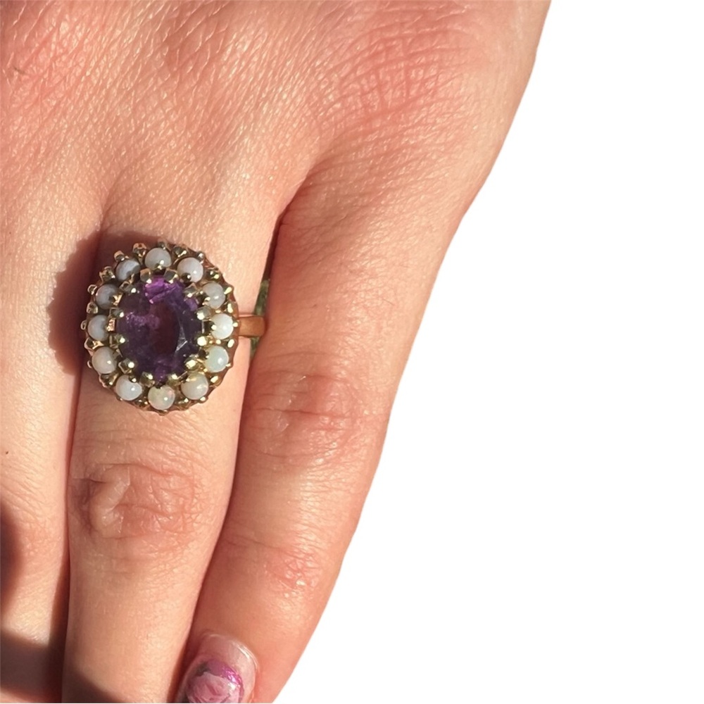 Vintage Amethyst and Seed Opal 10k Gold Ring Size 5.5/6 Estate Hallmarked - Picture 10 of 16